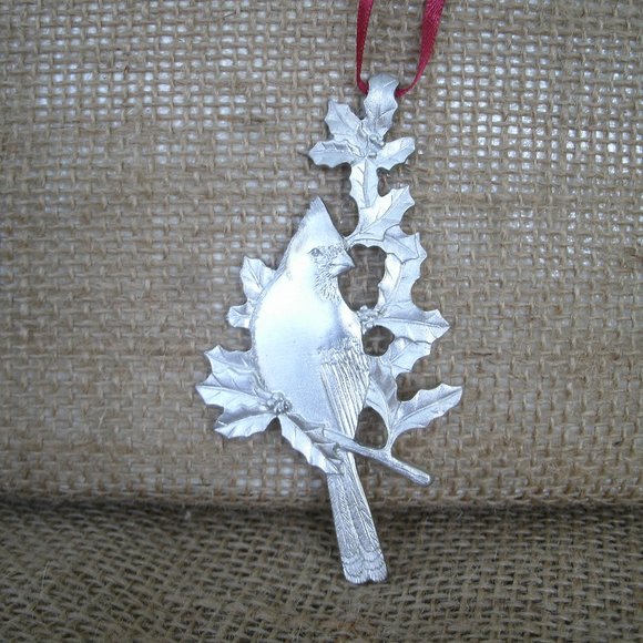 Pewter Cardinal & Holly Hanging Ornament - Picture 1 of 16
